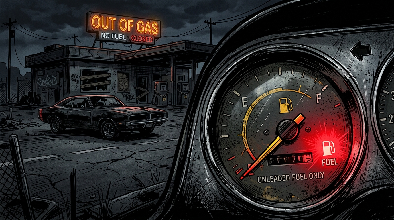 The Meter Mascot - Vintage fuel gauge stuck on empty with glowing red fuel warning light, stranded car in front of an abandoned closed gas station